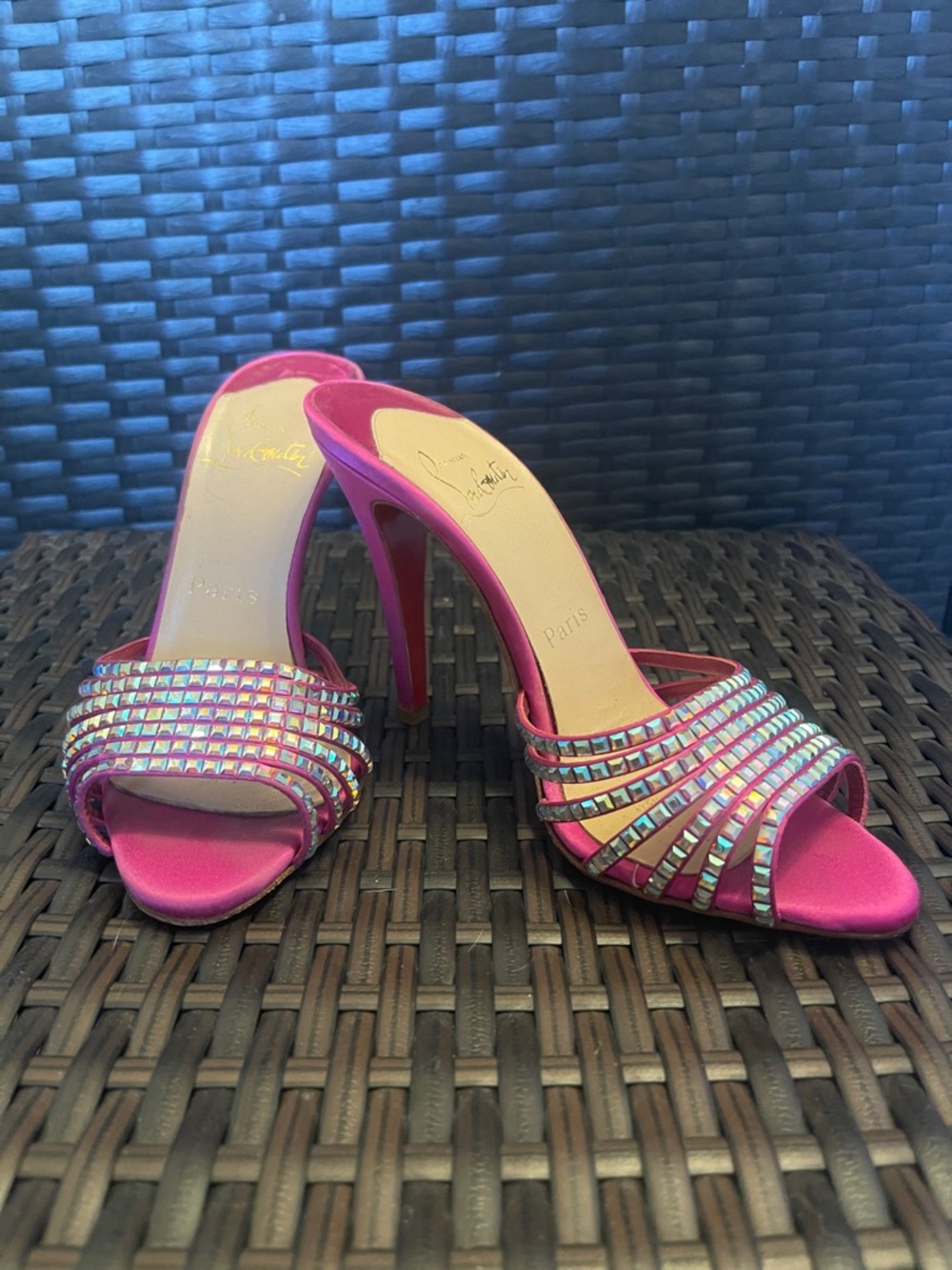 Christian Louboutin Fuchsia Crystal-Strap Slide Heels